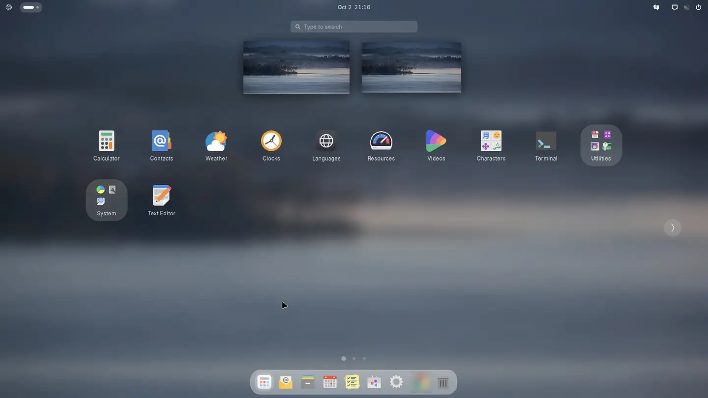 The Nubo OS app grid showing Calculator, Contacts, Weather, Clocks, Terminal and other apps, with a search box at the top.