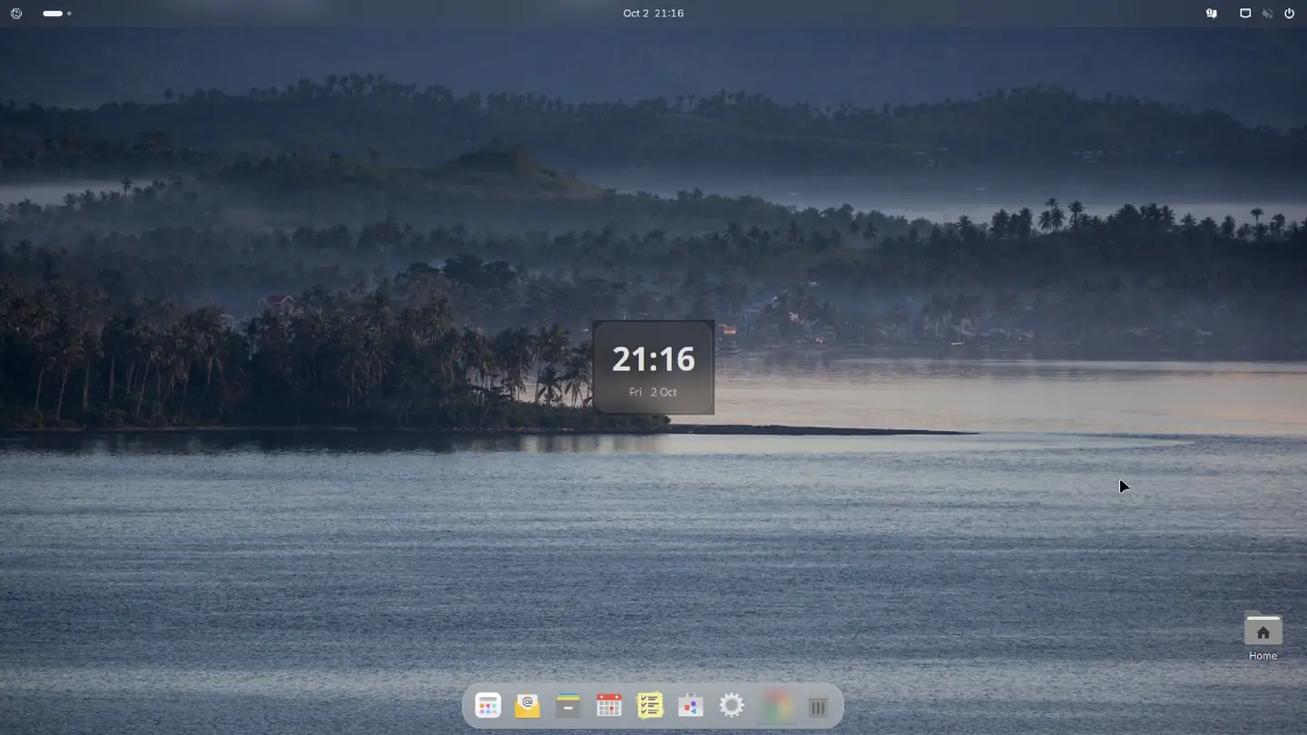 The Nubo OS desktop: a top bar, a clock widget over a misty bay wallpaper and a glass dock with the app launcher, mail, files, calendar and notes.
