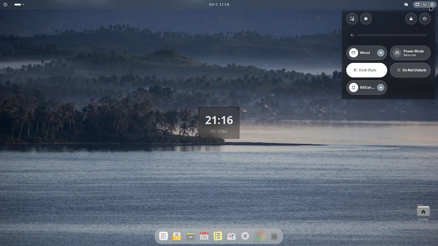 The Nubo OS quick settings panel with network, power mode, dark style, do not disturb and phone link controls.