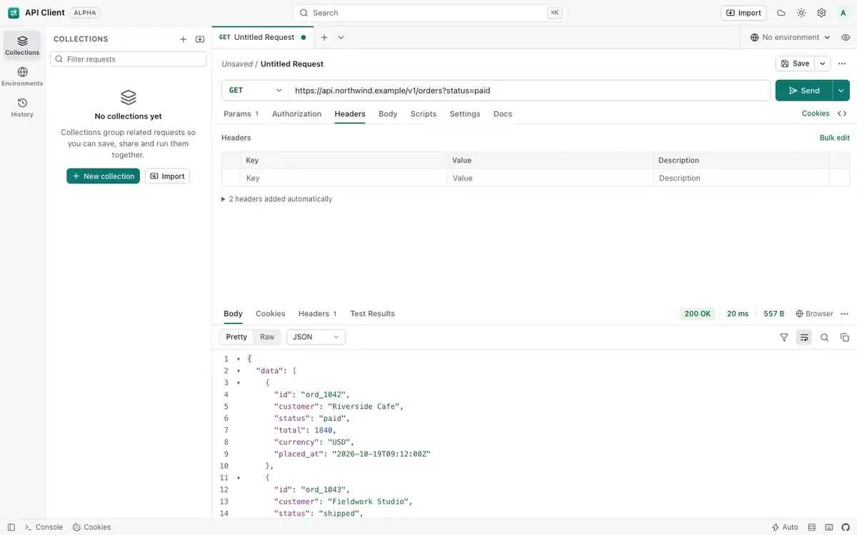 Request editor with auth tab and variable highlighting