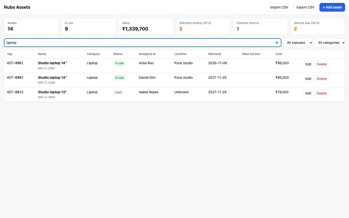Asset table with filters and bulk actions
