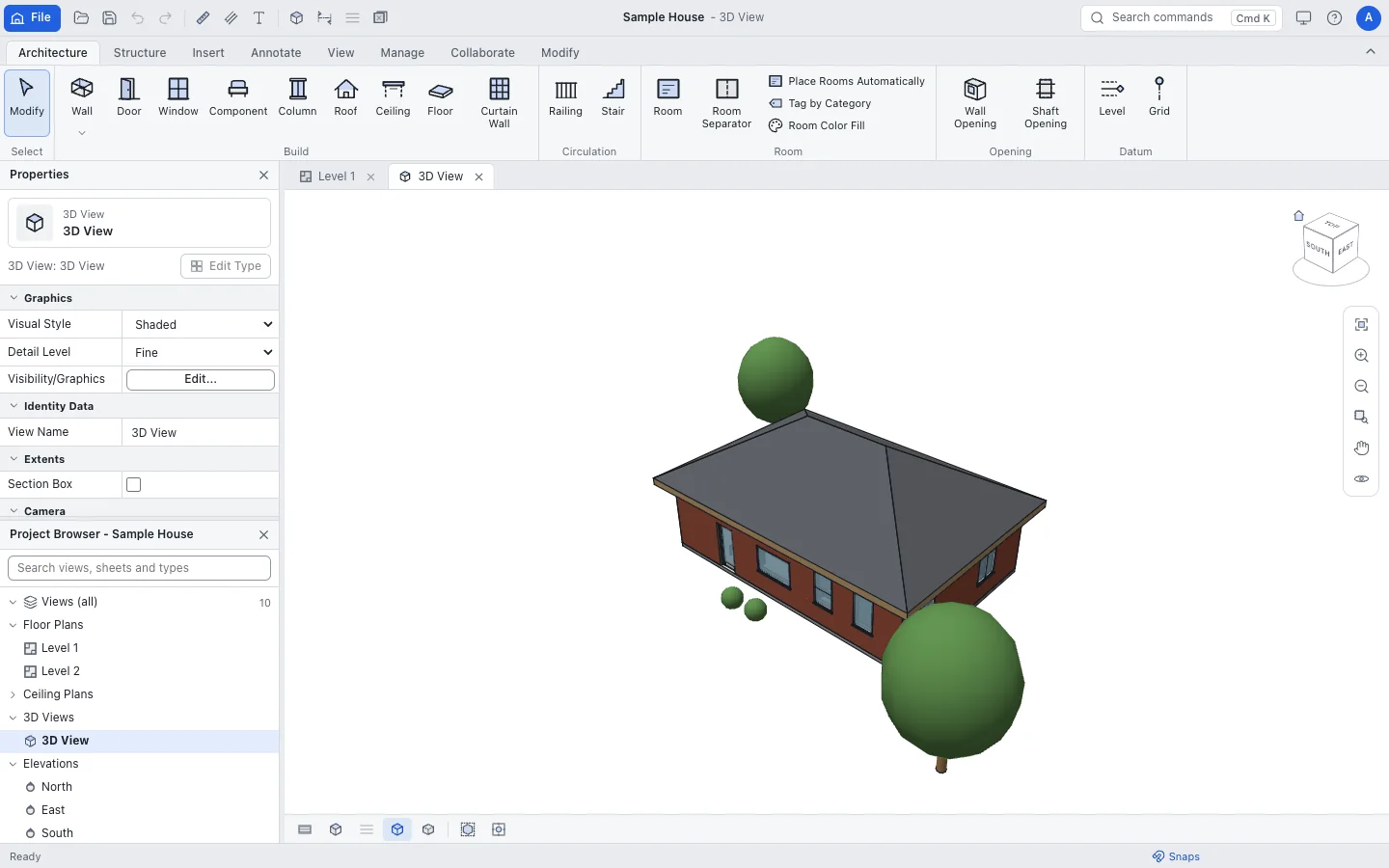 3D view of a house with roof and stairs