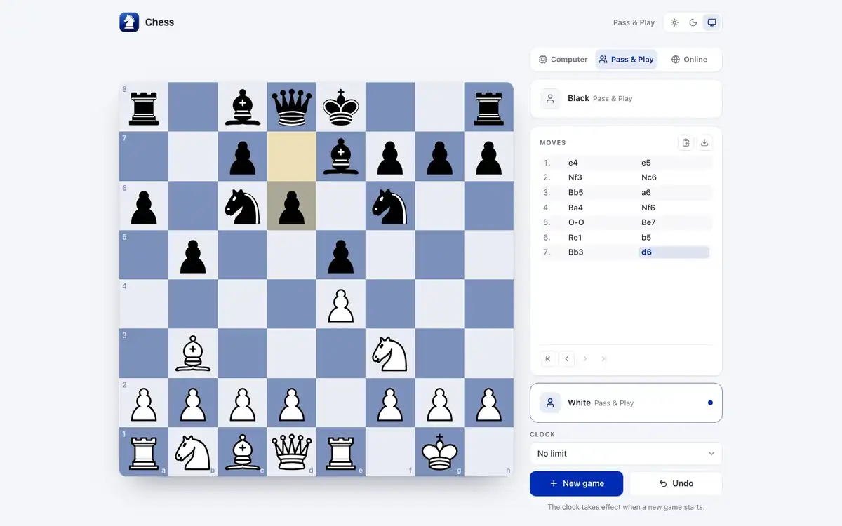 Chess board with legal-move hints