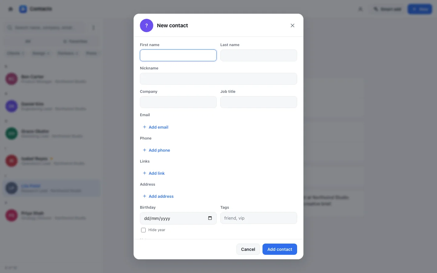 Import dialog accepting a vCard file