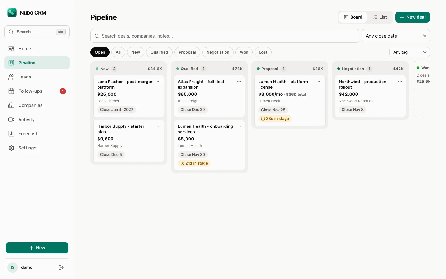 Deal pipeline board with stage columns