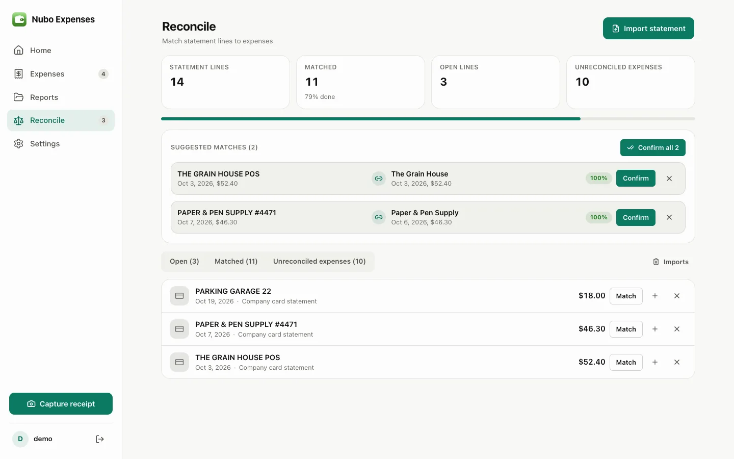 Statement lines matched to expenses