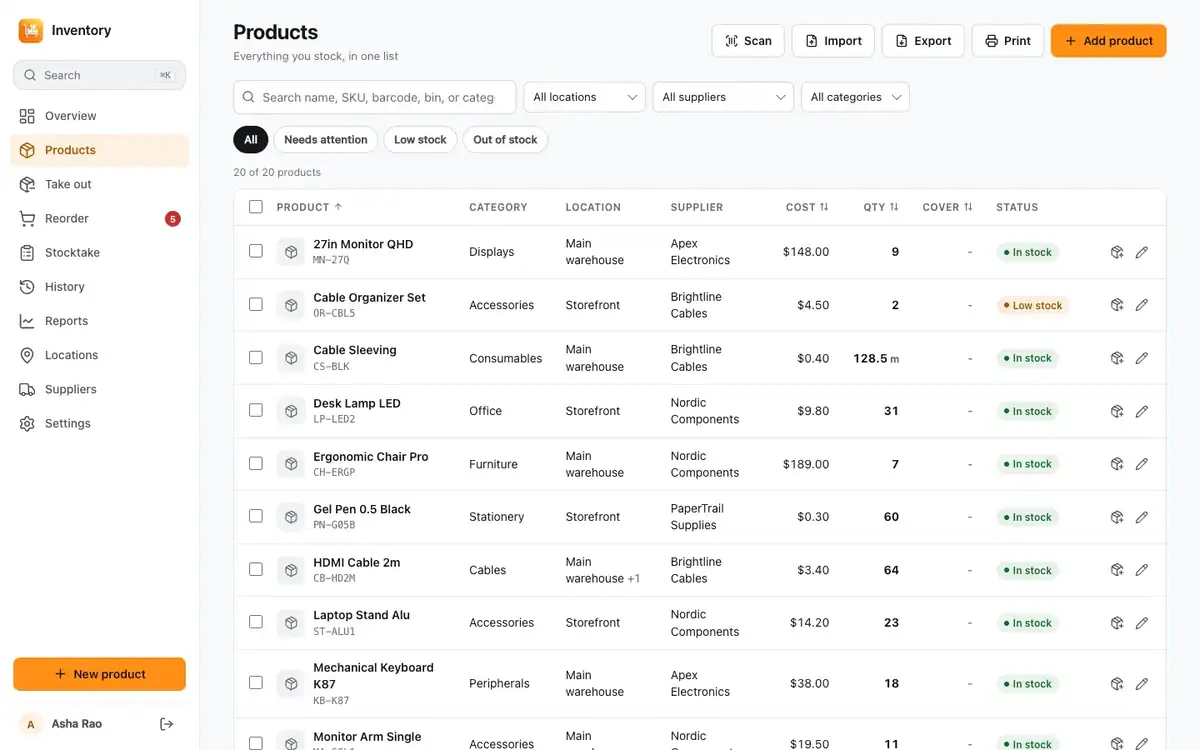 Product page with stock by location