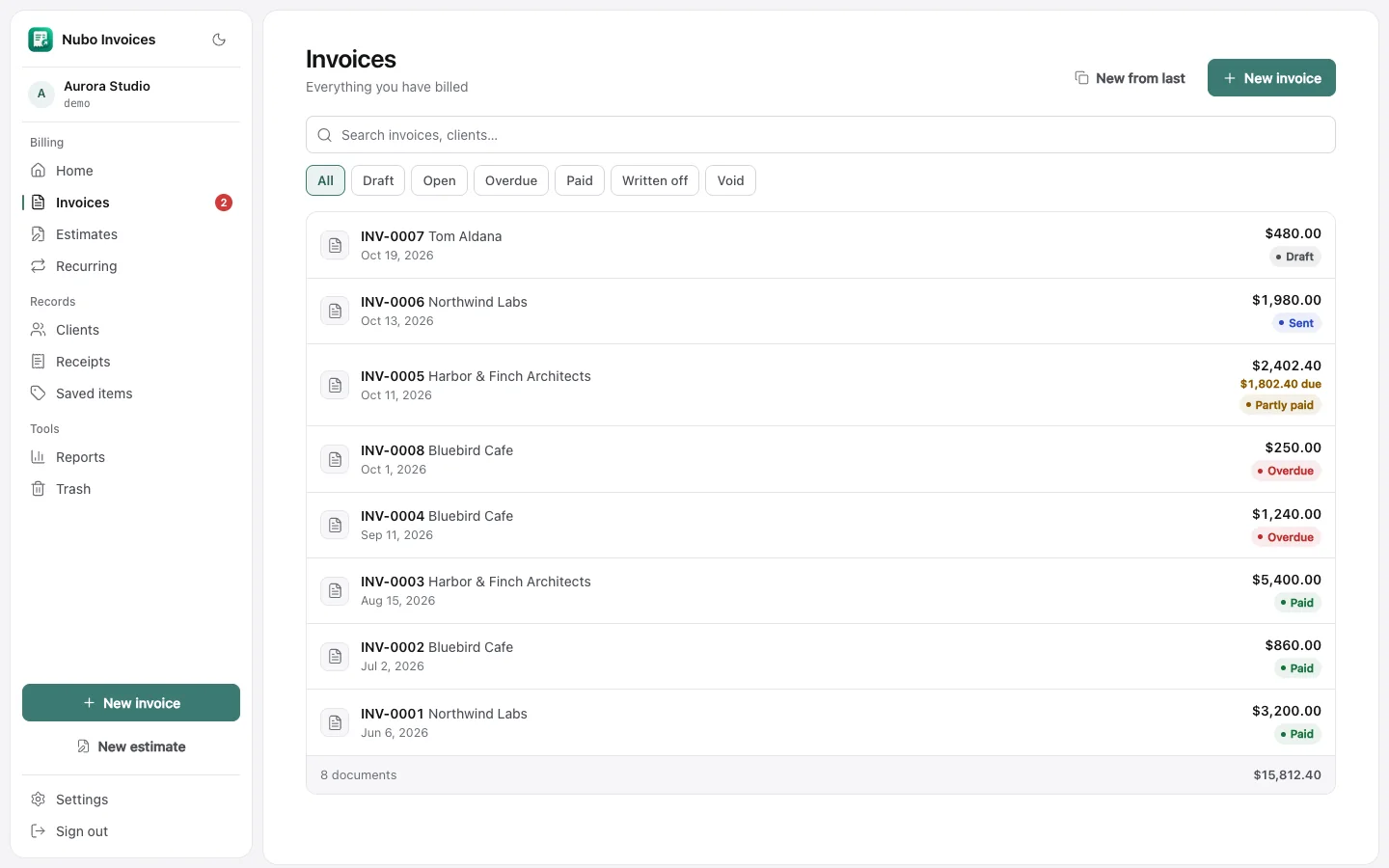 Invoice list with paid and overdue states