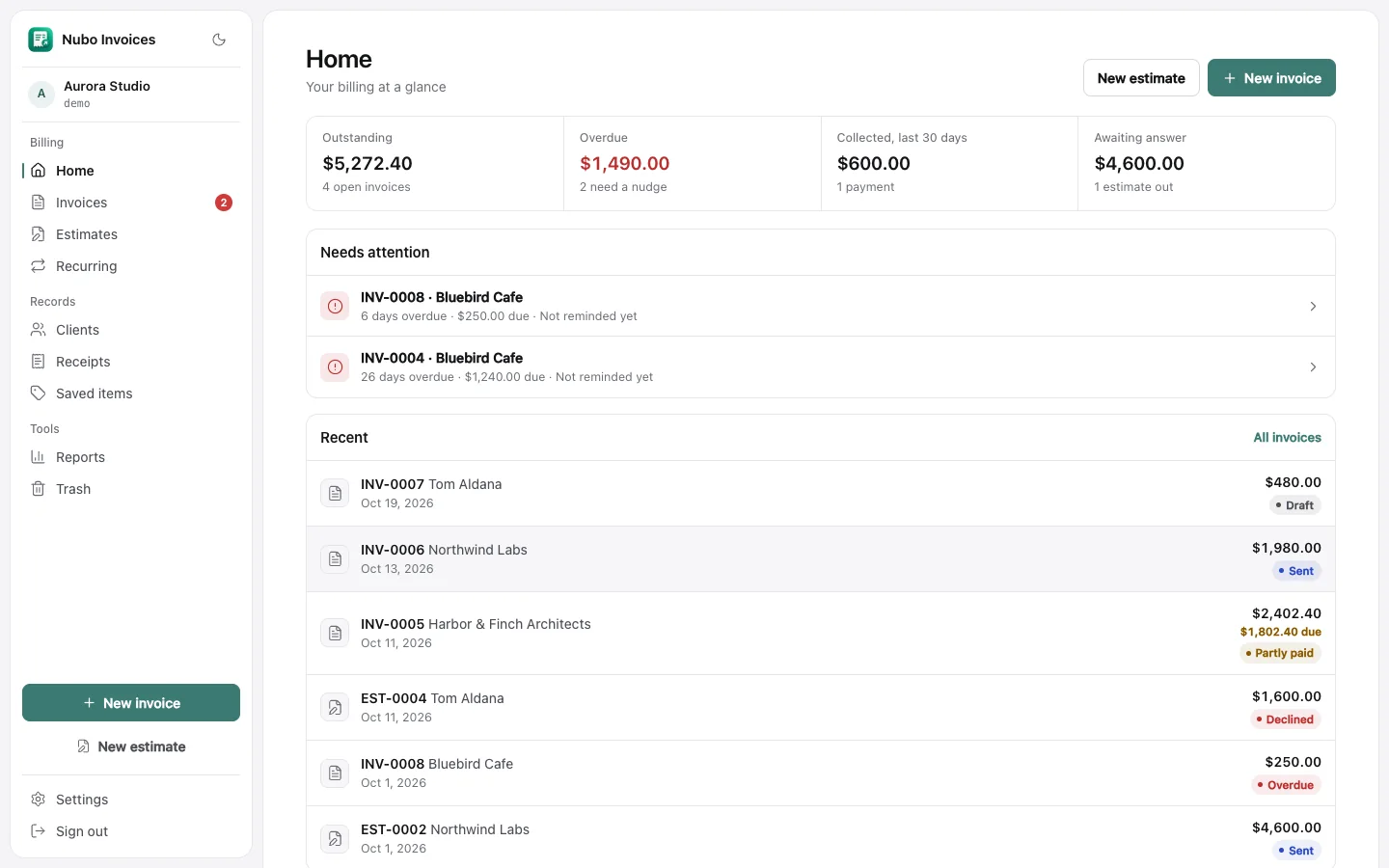 Invoices in Nubo Suite