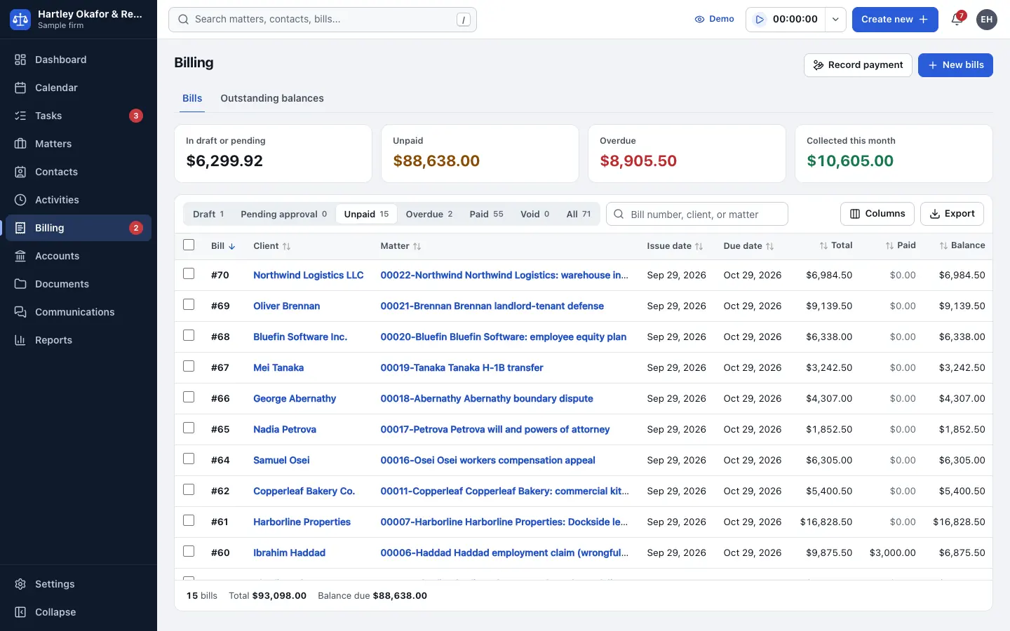 Draft bill with line items and discounts