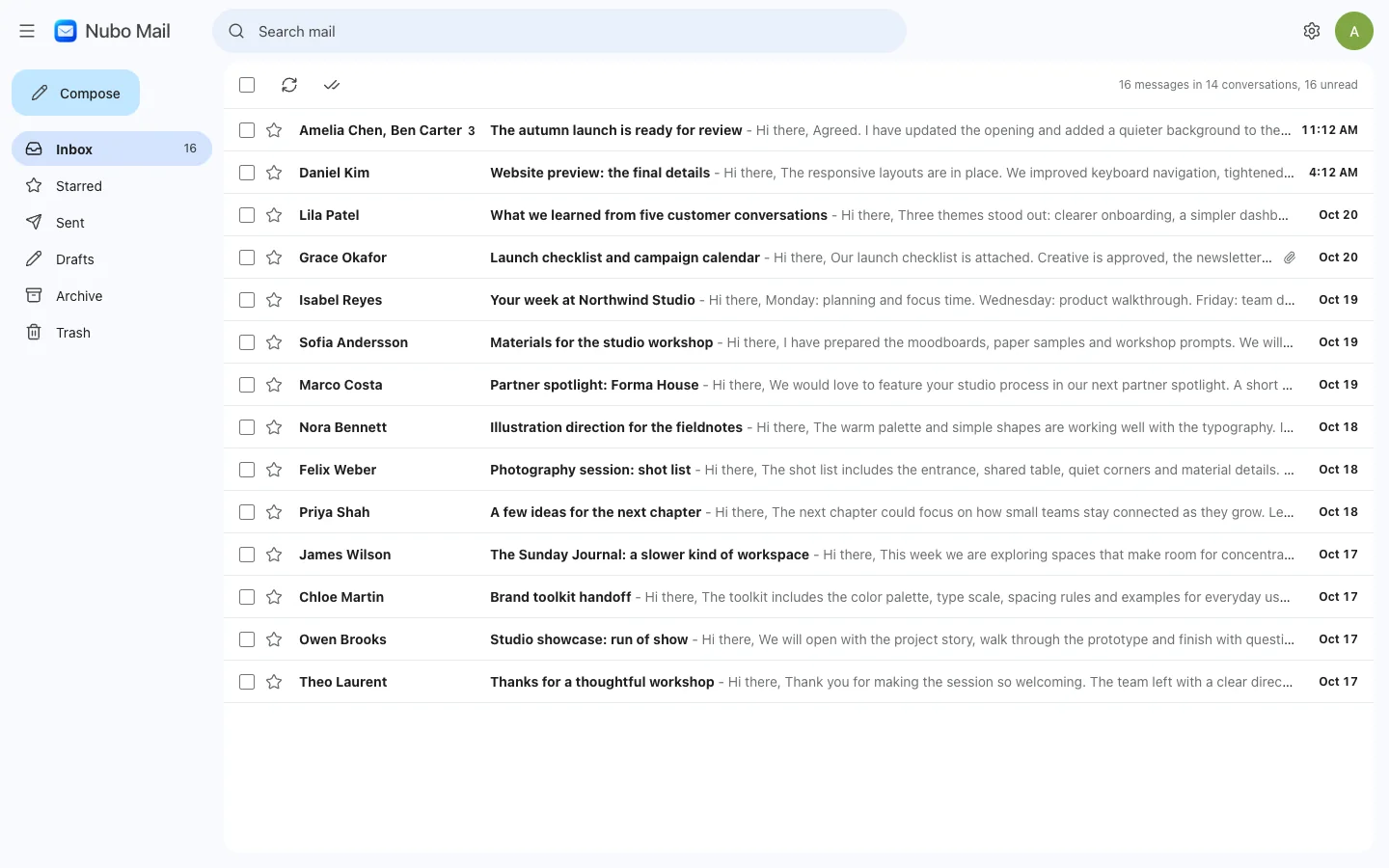 Nubo Mail inbox with a Compose button, Inbox, Starred, Sent and Drafts folders and a list of sample conversations from a fictional design studio team