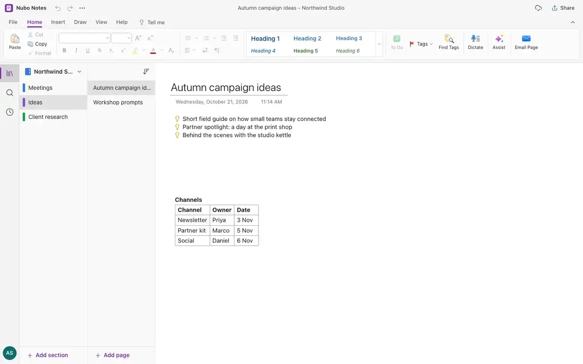 Notebook with section tabs and a pages pane