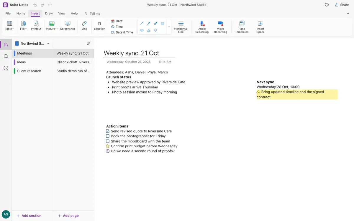 Tag summary pane listing to-dos by page