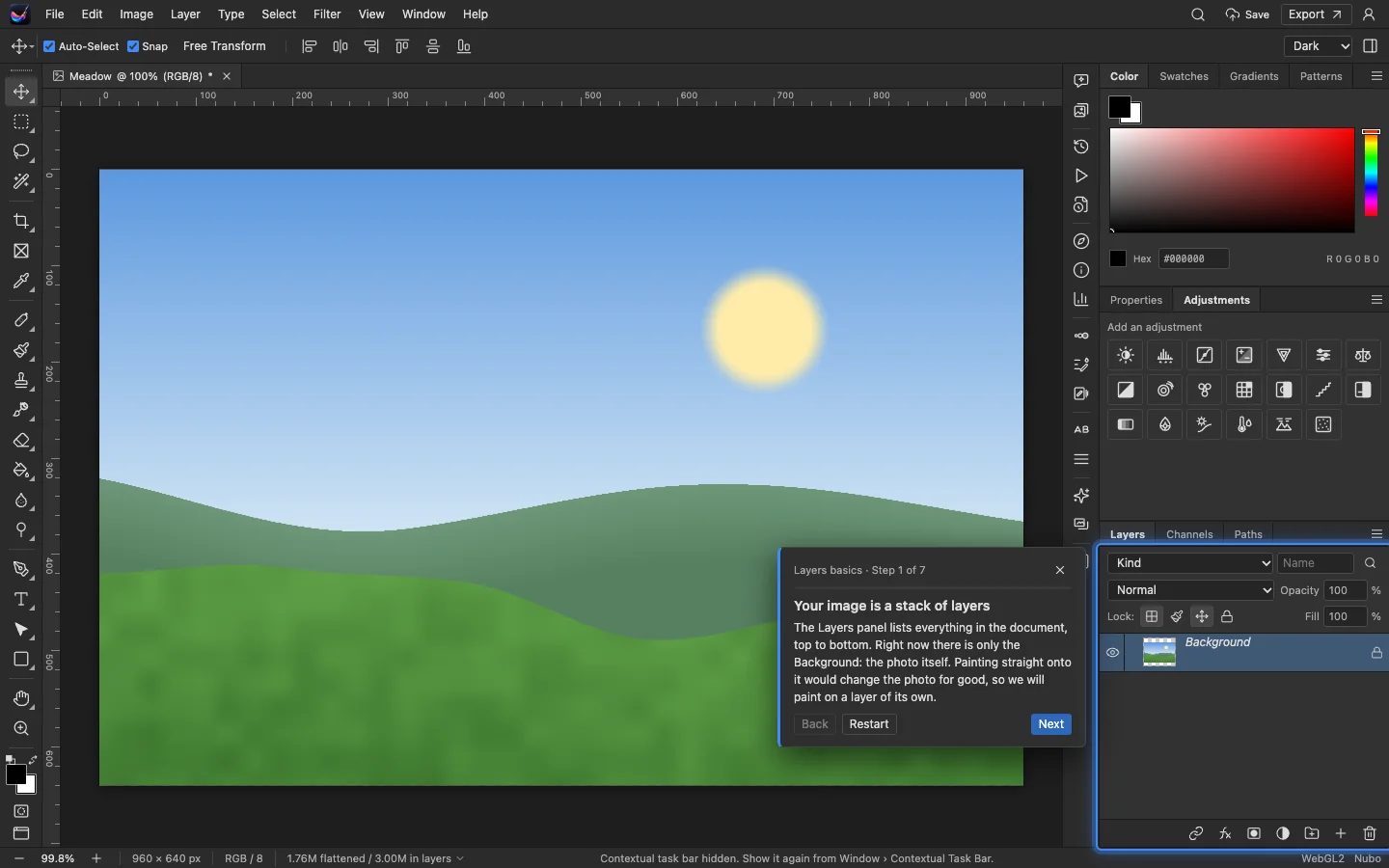 Photos workspace with layers and adjustments panels