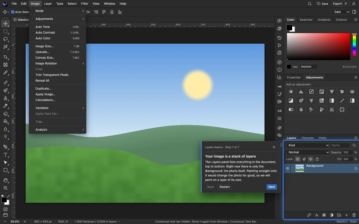 Assistant panel next to an edited photo