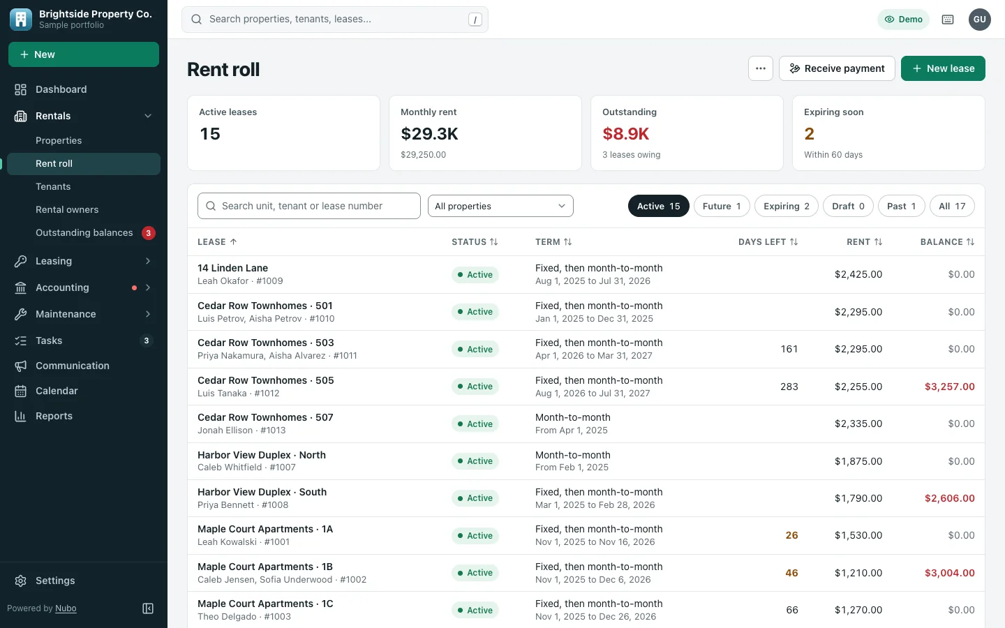 Lease ledger with charges and payments