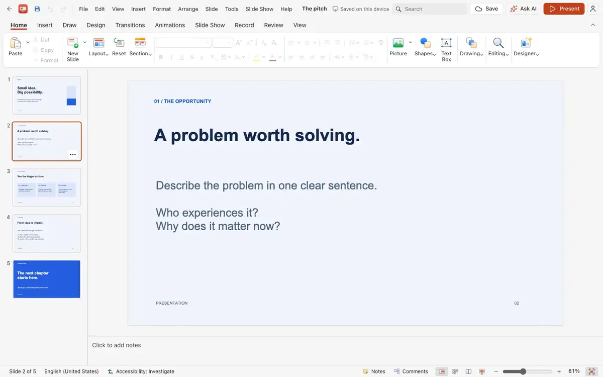 Slide editor with ribbon and slide navigator