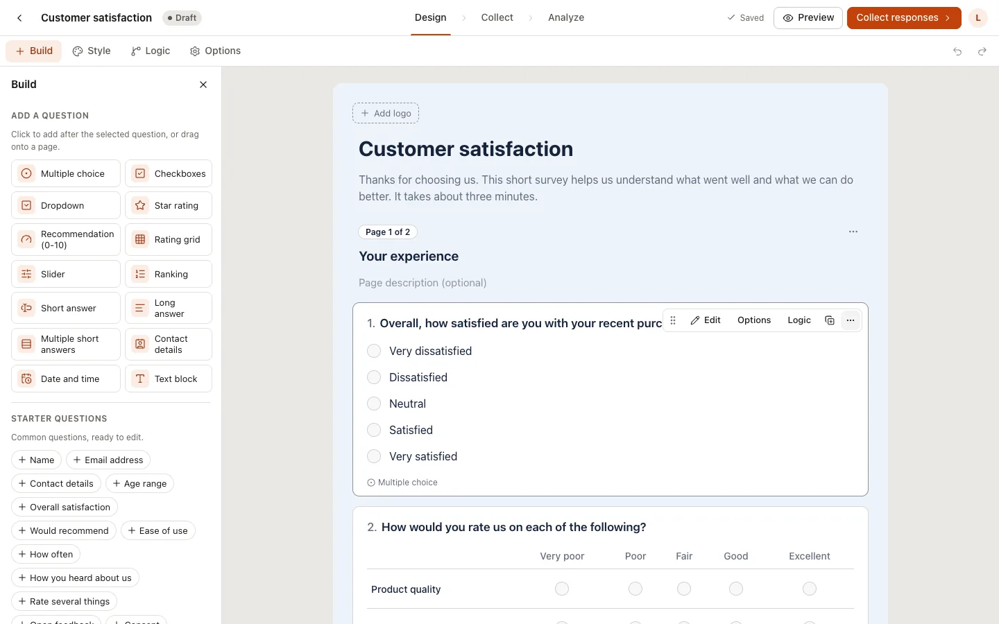 Survey canvas with a question editor open