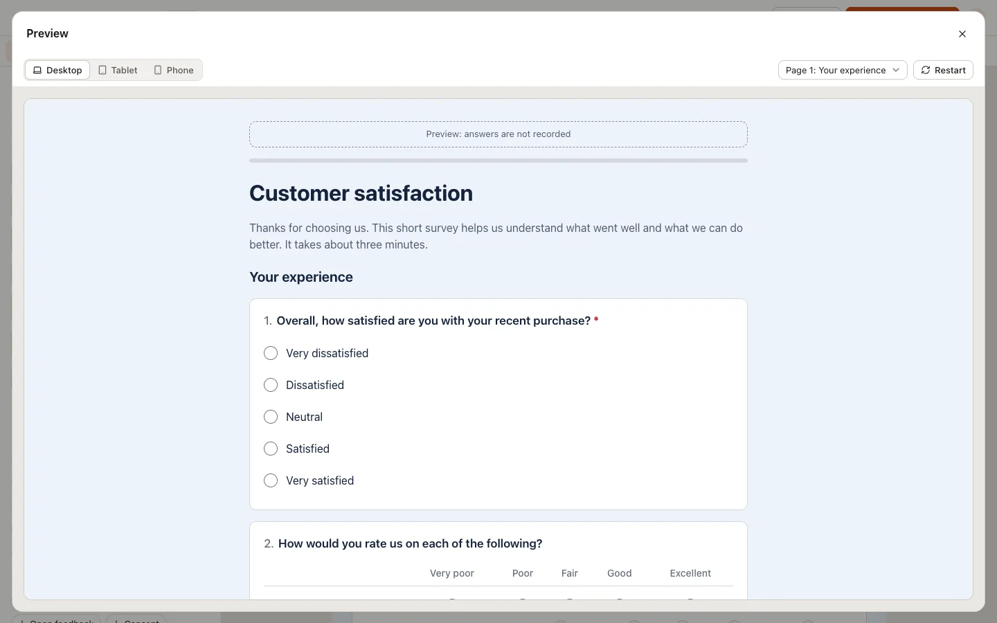 Share panel listing several survey links and a QR code