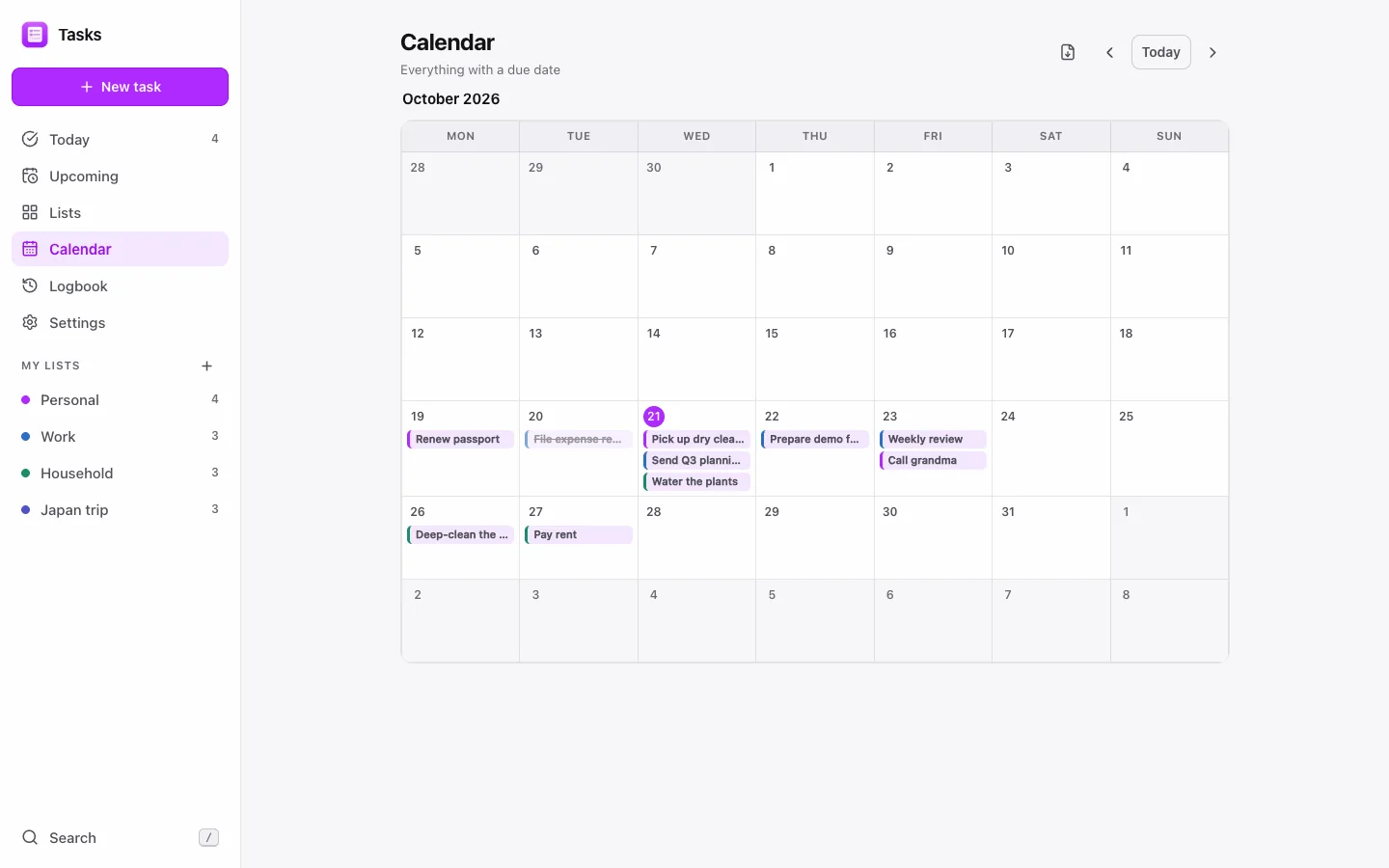 Task row menu with reschedule options