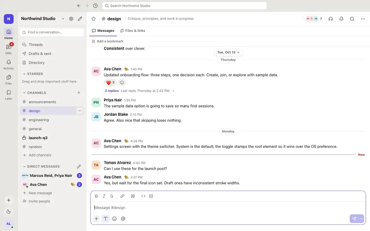 Teams sidebar with channels and a message thread
