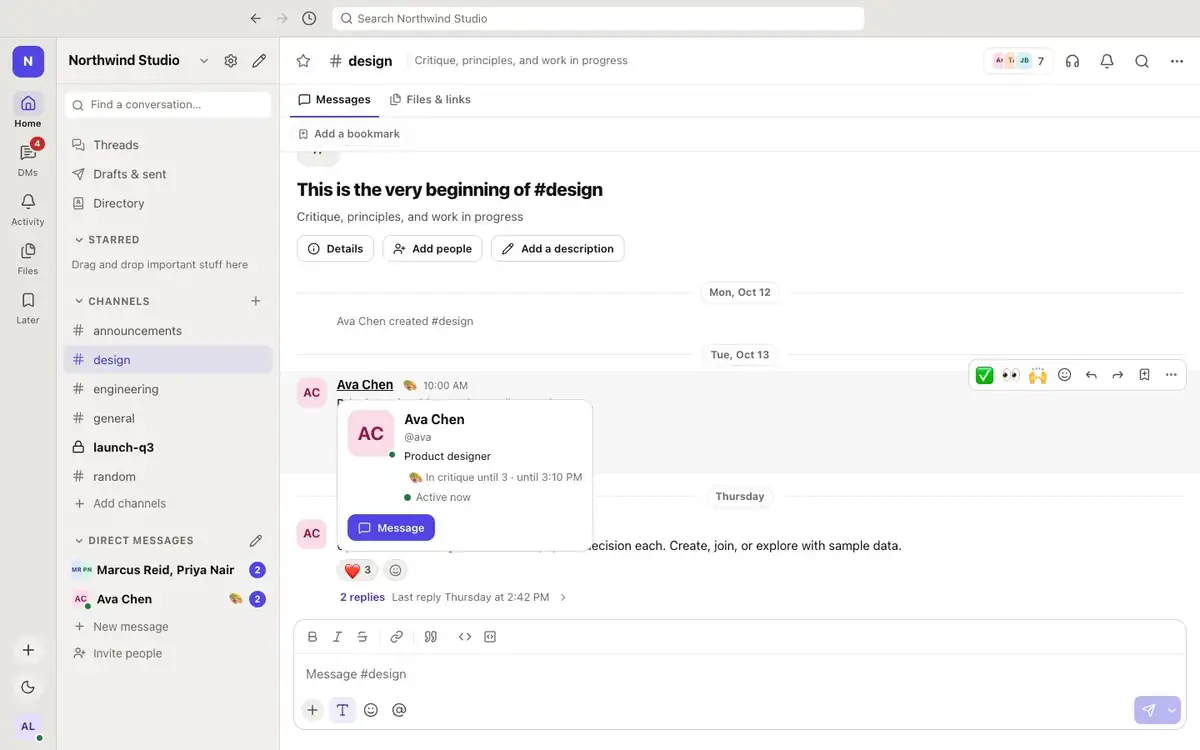 Message list with reactions and a code block